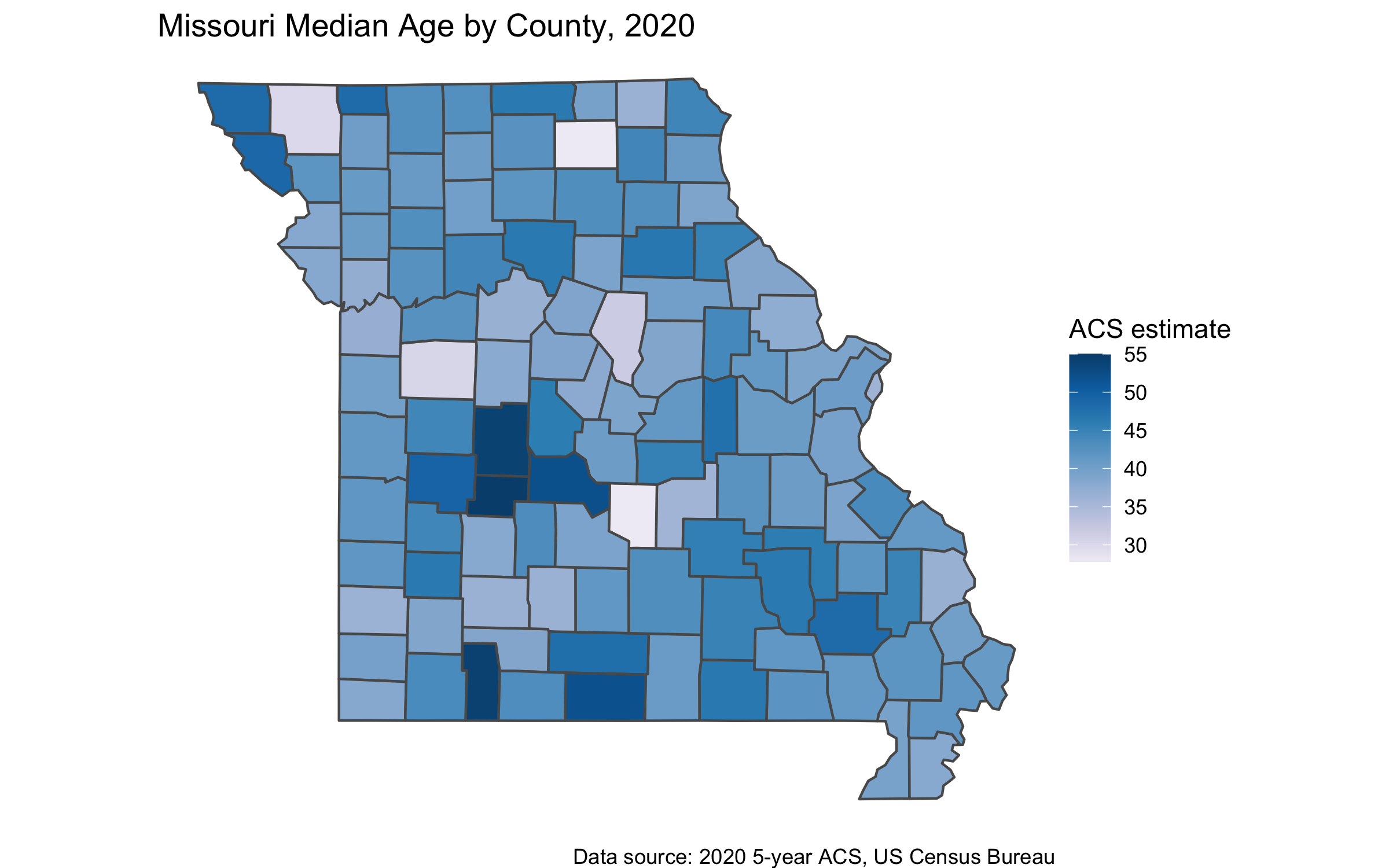Missouri's 2020 median age by counties